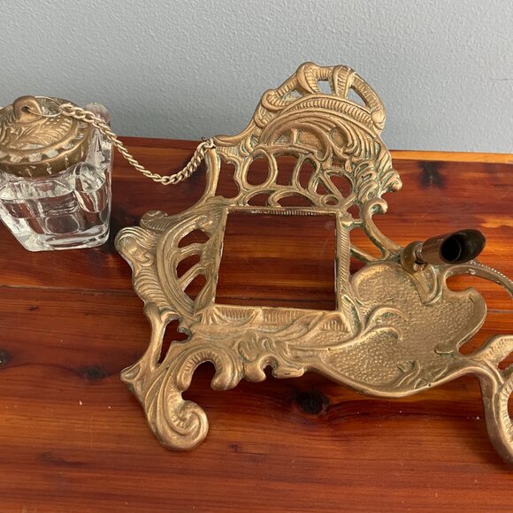 Vintage Brass Glass Inkwell Victorian Style Pen Holder - Picture 4 of 9